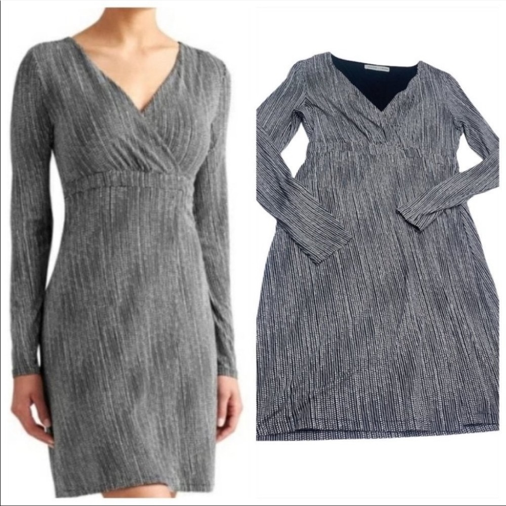 Athleta black deep v dotted faux wrap long sleeve dress